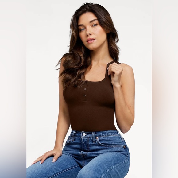 Popilush Shapewear Seamless Modal Henley Tank Bodysuit XS/S in Brown - Picture 6 of 6